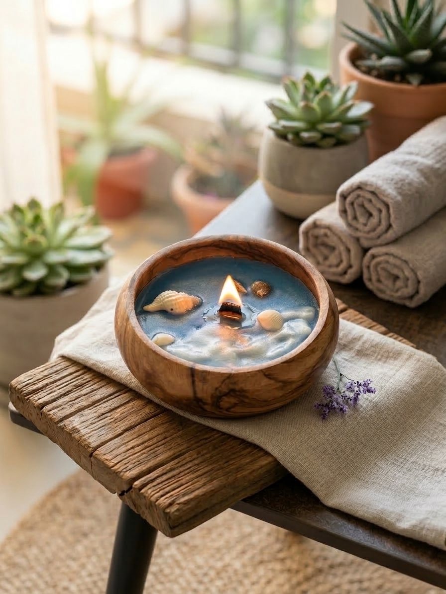 Kaashta Jyothi- Handcrafted Candle in Wooden Bowl