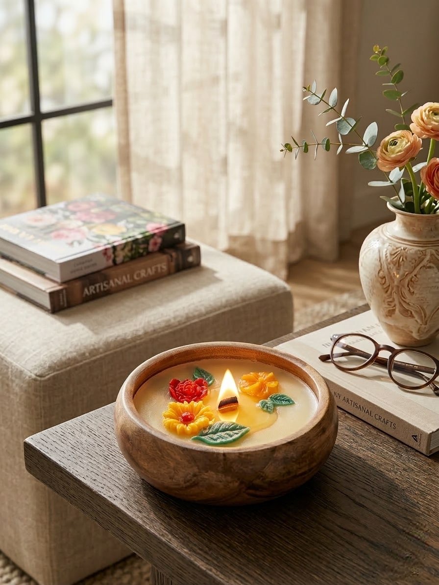 Kaashta Jyothi- Handcrafted Candle in Wooden Bowl - Image 7