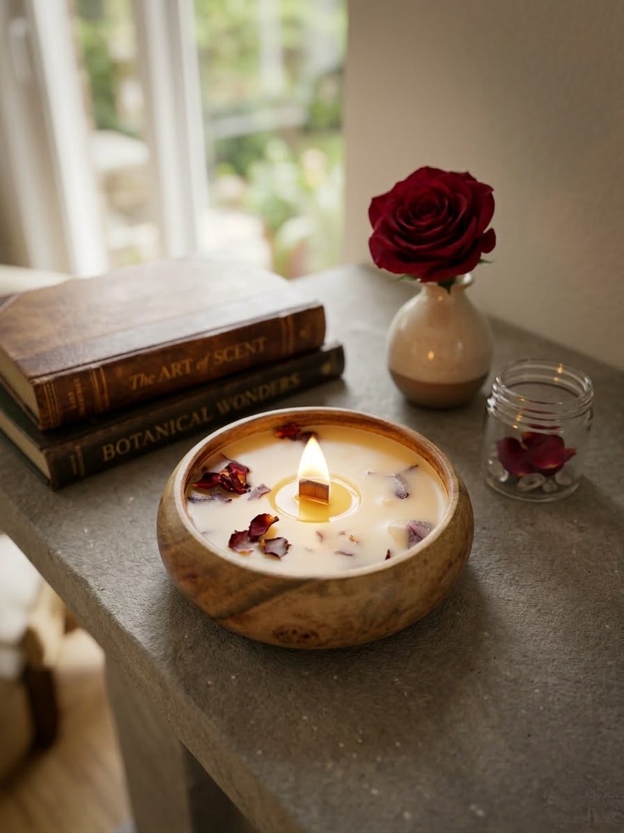 Kaashta Jyothi- Handcrafted Candle in Wooden Bowl - Image 5